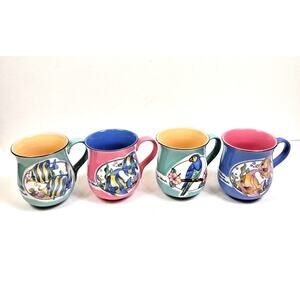 4 Vintage Virgin Islands Tropical Pastel Fish Parrot Unique Glazed Coffee Mugs